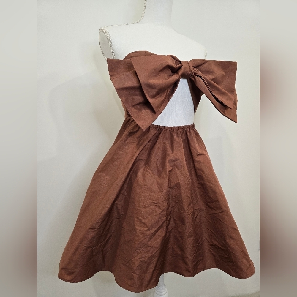 Zara Elegant Brown Bow Coctail Dress - Picture 3 of 10